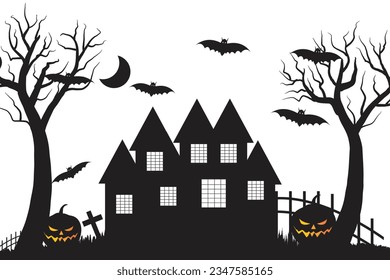 Halloween Horror Castle haunted house building silhouette vector Black and white bat and ghost Spooky house, Scary Night Party 31 October illustration theme trees Pumpkins tombs Witch Moon crosses    
