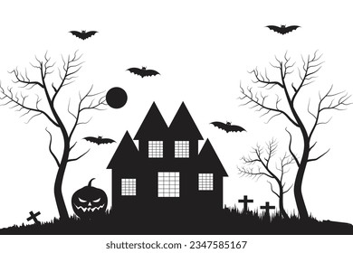 Halloween Horror Castle acosó la silueta de la casa vector murciélago blanco y negro y casa fantasma Spooky, fiesta de la noche del miedo 31 de octubre ilustración árboles de tema Tiras de calabazas cruces de la Luna de Brujas    