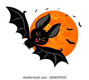 Elemento de horror de Halloween. Murciélago vampiro espeluznante y gracioso con luna llena y murciélagos volando. Ilustración, vector sobre fondo transparente