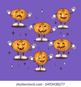 Halloween horror, fear pumpkin with scary face in cartoon style set