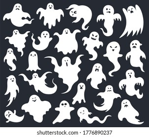 Halloween horror ghost. Spooky scary ghosts, ghost funny cute character, phantom ghostly halloween mascots vector illustration set. Face spooky monster, holiday silhouette creature