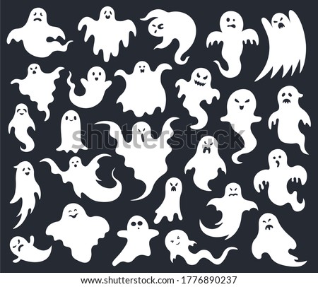 Halloween horror ghost. Spooky scary ghosts, ghost funny cute character, phantom ghostly halloween mascots vector illustration set. Face spooky monster, holiday silhouette creature
