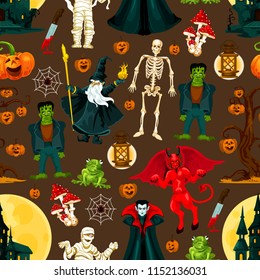 Halloween horror holiday seamless pattern background with scary monsters. October pumpkin lantern, skeleton and spider net, ghost haunted house, moon and devil, dracula vampire, zombie and mummy