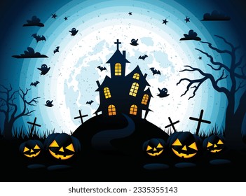 halloween horror house with bat ghost around pumkin smiling
