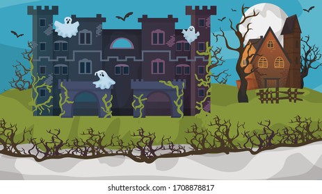 Halloween horror house ghost gloomy cottage flat vector illustration. Nightmare area concept banner, scary mansion. Building overgrown grass and ivy, private terrible place. Autumn holiday.