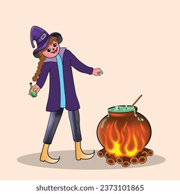 Halloween Horror Illustration of a girl with Cauldron. Illustration for Halloween kids party