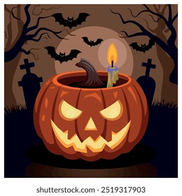 A Halloween horror illustration of a pumpkin with a spooky face. 