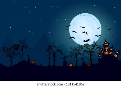 Halloween horror landscape with full moon banner. Haunted house, pumpkins, cemetery cross and bats. Flyer, greeting card or invitation for Halloween party with copy space. Stock vector illustration