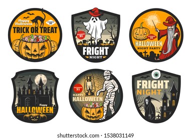 Halloween horror night badges with vector pumpkins, ghost and bats, moon, spider net and witch black cat, mummy, death skeleton and evil wizard, spooky haunted house and graveyard with gravestones