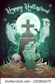 Halloween horror night cemetery with tombstone and monsters. Vector Halloween Trick or Treat holiday full moon graveyard with zombie hand, skull and ghost spook