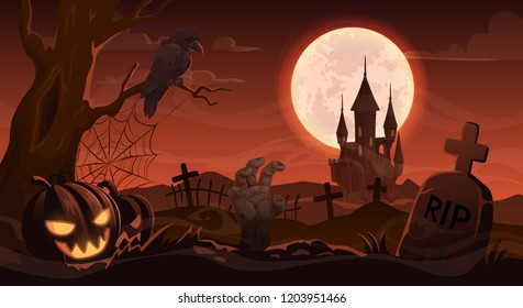 Halloween horror night cemetery with tombstone and zombie hand. Vector Halloween Trick or Treat holiday full moon graveyard with haunted castle, pumpkin skull lanterns and witch crow