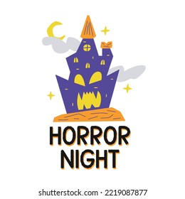 Halloween. Ilustración dibujada a mano por la noche del horror. Castillo asustado. Espeluznante arte estacional. Letras de celebración de otoño. Elemento de diseño espeluznante para un evento mágico.