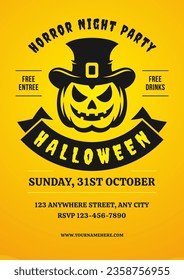 Halloween horror night music party flyer design template yellow retro poster vector flat illustration. Creepy holiday celebration event promo placard with angry pumpkin sorcerer silhouette advertising