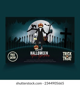 Halloween horror night party banner, character with pumpkins, dark atmosphere, moon, vector illustration
