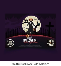 Halloween horror night party banner, character with pumpkins, dark atmosphere, moon, vector illustration