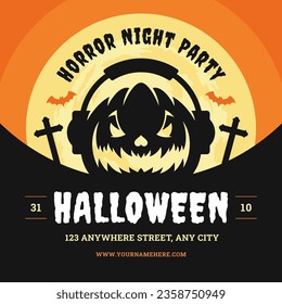 Halloween horror night party greeting card social media post design template vector flat illustration. Creepy pumpkin DJ in headphones silhouette with yellow moon cross and flying bat holiday promo ad