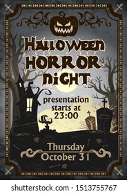 Halloween horror night presentation poster vector illustration. Scary invitation on celebrating All Saints Eve with angry pumpkins and frightful mansions flat style. Hallows Evening concept