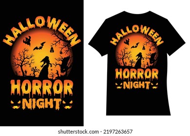Halloween horror night t-shirt design Vector cartoon style illustration of pumpkin, witch cat, and bats, isolated on black background. Print for t-shirts, Mugs and Coffee cups, Cards and frame artwork