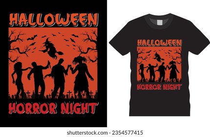 Halloween horror night t-shirt graphic  vector t-shirt template design.cute spooky horror house trees Scary Boo Ghost witch season , typography white background isolated illustration print for ready
