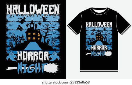 Camiseta de la noche del horror de Halloween, diseño de la camiseta de Halloween, fantasma de calabaza, fantasma lindo, Elementos de Halloween, Ilustración vectorial, diseño divertido de la camiseta de Halloween, Plantilla de diseño de la camiseta del horror, impresión