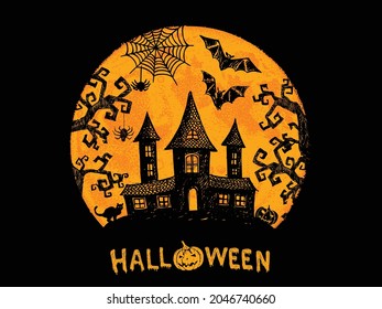 Halloween horror night vector background. Hand drawn illustration.	