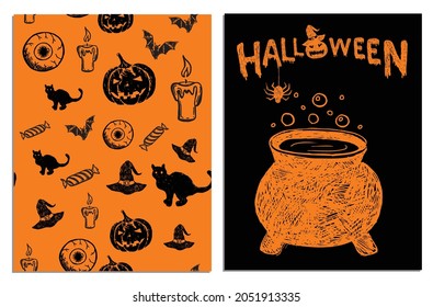 Halloween horror night vector background. Hand drawn illustration.