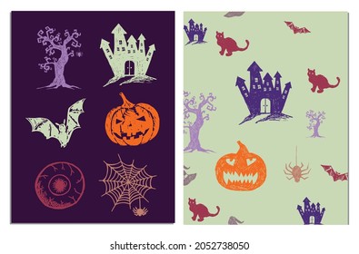 Halloween horror night vector background. Hand drawn illustration.	