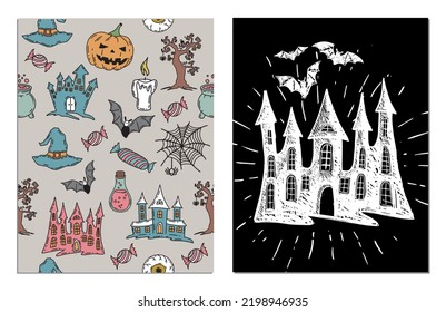Halloween horror night vector background. Hand drawn illustration.	