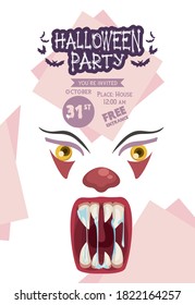 halloween horror party celebration poster with clown evil face vector illustration design