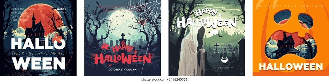 Halloween horror party square banner set. Spooky Jack o lantern pumpkin and old mansion in dark forest. Art cover scary ghost in moonlit night cemetery. October 31 horror holiday artwork eps flyer