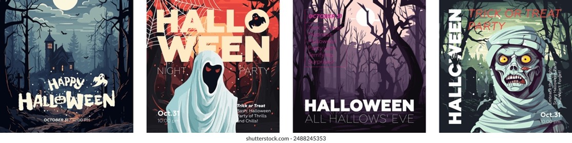 Halloween horror party square banner set. Witch witchcraft in night forest and old dark mansion. Art cover scary ghost and spooky mummy in moonlit cemetery. October 31 horror holiday artwork eps flyer