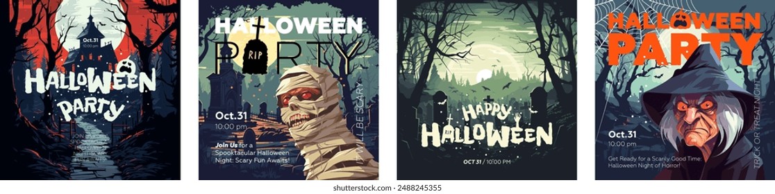 Halloween horror party square banner set. Scary sorceress and zombie in night forest and old dark mansion. Art cover spooky mummy in moonlit cemetery. October 31 horror holiday artwork eps flyer