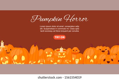 Halloween horror pumpkin-heads, candles and Jack o laterns vector illustration. Pumpkins with fire at spooky night and autumn holidays poster with text and calligraphy.