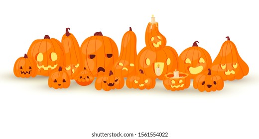 Halloween horror pumpkin-heads Jack o laterns vector illustration isolated on white. Pumpkins family with fire and scary faces for hallowen poster or web design.