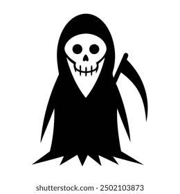 Halloween Horror Reaper Icon Black, White Vector Art.