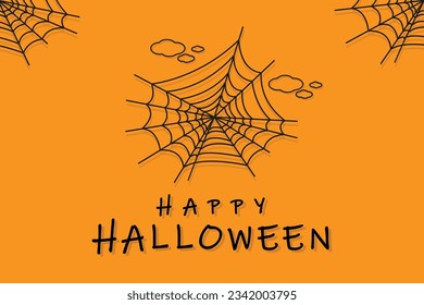 Halloween horror scary silhouette spider web on orange background greeting card design