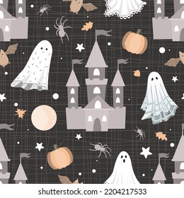 Halloween horror seamless pattern. Dark castles, pumpkin, spiders and sheets ghosts. Scary, and funny spooky background. Decor textile, wrapping paper. Vector seamless texture