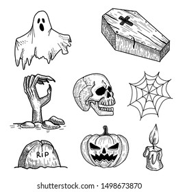 Halloween horror set  Ghosts   skulls set for halloween hand drawing 