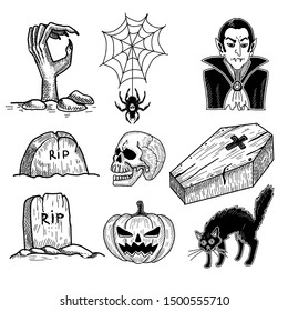 Halloween horror set: grave with zombie hand, vampire and coffin and black cat hand drawing.

