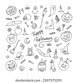 Conjunto de horror de Halloween. Plantilla de tarjeta de felicitación de Halloween dibujada a mano.