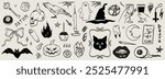 Halloween horror sticker sketch set. Hand drawn witchcraft doodle elements. Halloween and magic sketch icons. Pumpkin, ghost, skull, black cat, pot, hat. Witch and devil drink wine. Cat in mirror.