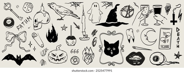 Halloween horror sticker sketch set. Hand drawn witchcraft doodle elements. Halloween and magic sketch icons. Pumpkin, ghost, skull, black cat, pot, hat. Witch and devil drink wine. Cat in mirror.