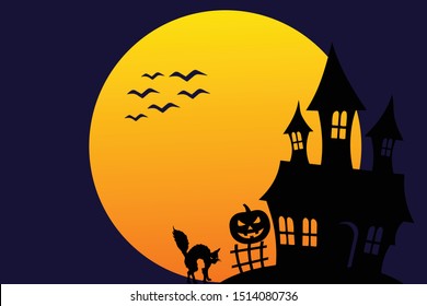 Halloween horror theme vector illustration, creepy haunted house, bats or birds, angry cat and scary pumpkin silhouette, big full moon.  