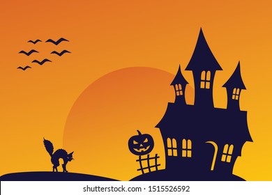 Halloween horror theme vector illustration, creepy haunted house, bats or birds, angry cat and scary pumpkin silhouette, big full moon.  
