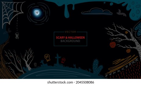 Halloween and Horror Themed Abstract Vector Illustration Background. Hand-drawn scary pumpkins, bats, and spooky moon. 