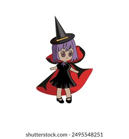 halloween horror witch, chibi girl spooky in a  fancy dress witch and wizard hatwith broom scary