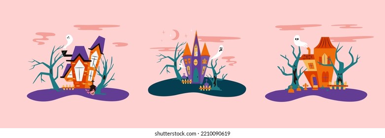 Halloween hounted houses set vector illustration with spooky trees and ghosts. Collection of scary houses.