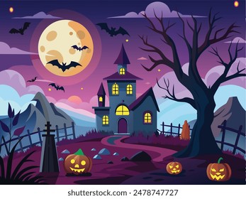 A halloween house and bat flying around the house