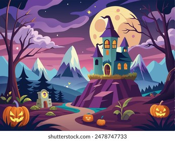 A halloween house and bat flying around the house
