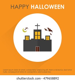 Halloween house with bats flying. Orange shadow background with typography. Halloween Greeting card vector background. Party background template. Vector illustration